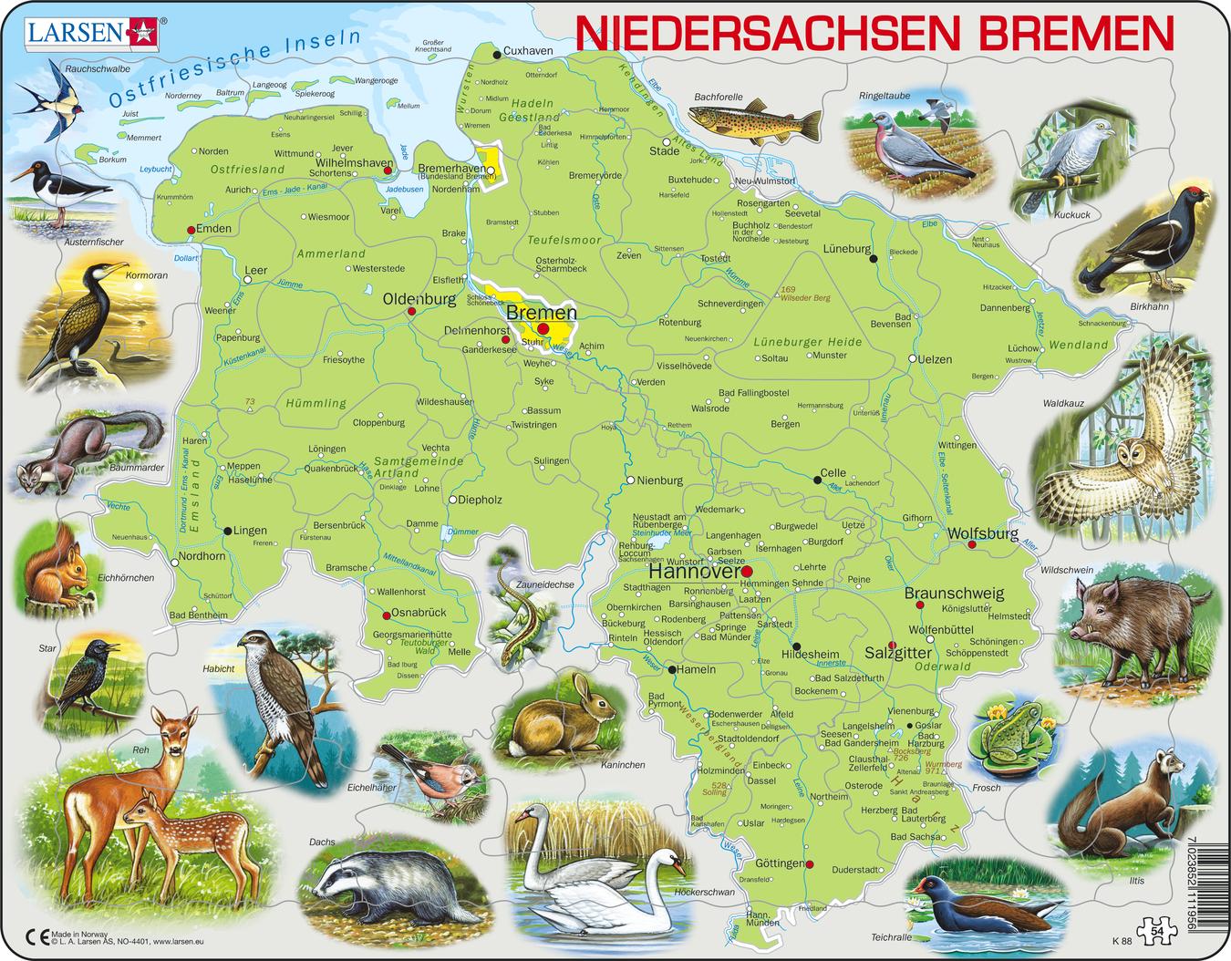 K88 Niedersachsen And Bremen Physical Map Other Maps Puzzles Larsen Puzzles 9162