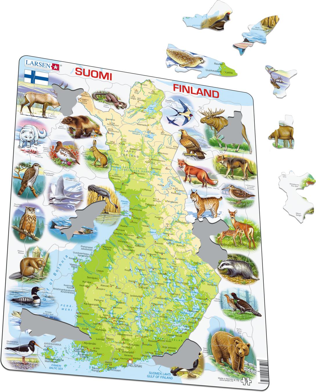 K75 Finland Physical Map With Animals Puzzles Larsen Puzzles   K75 ILL01.illustrative Image 1.1350 